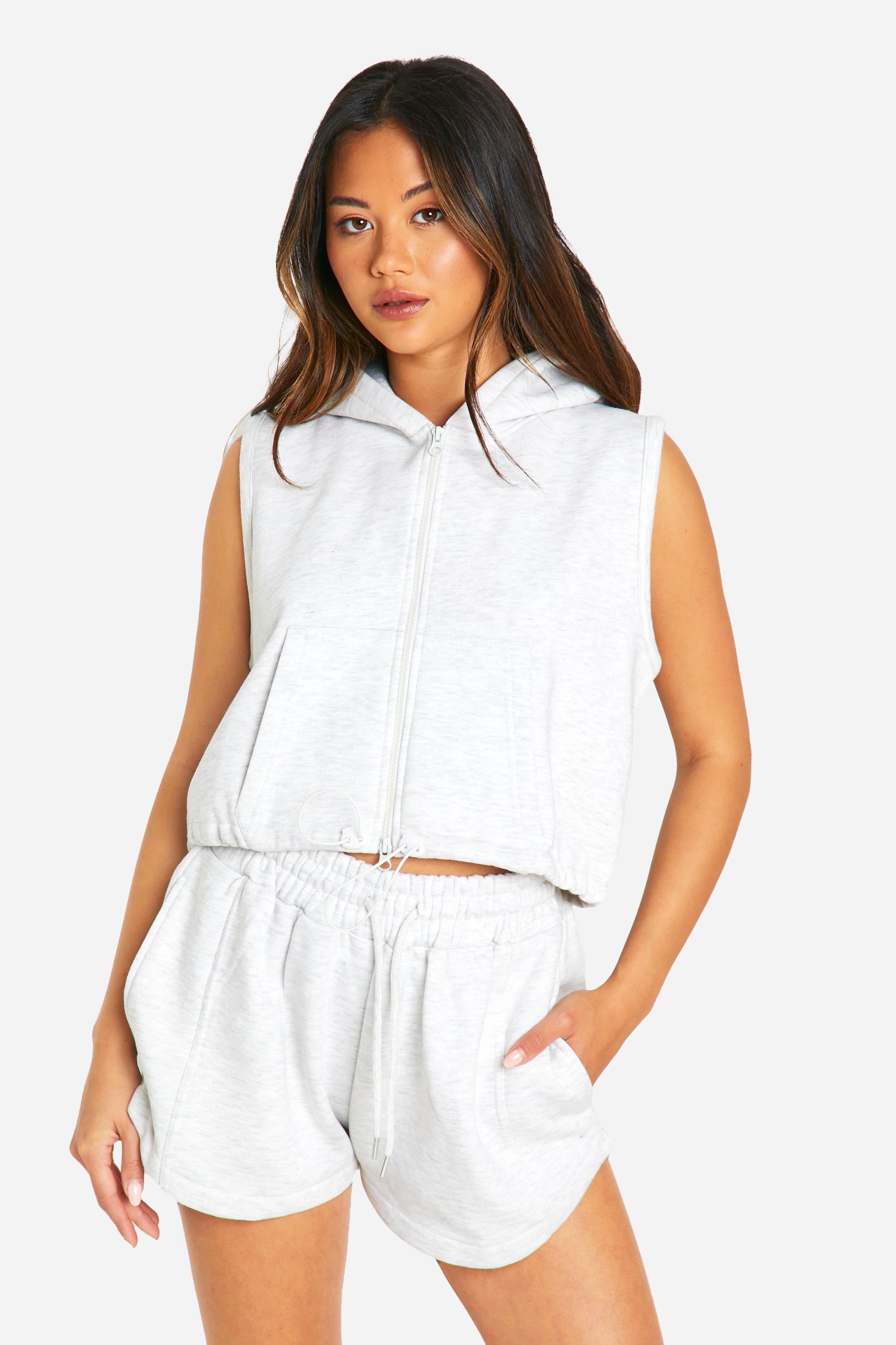 Womens Zip Through Sleeveless Hoodie And Sweat Short Set - Grey - S, Grey